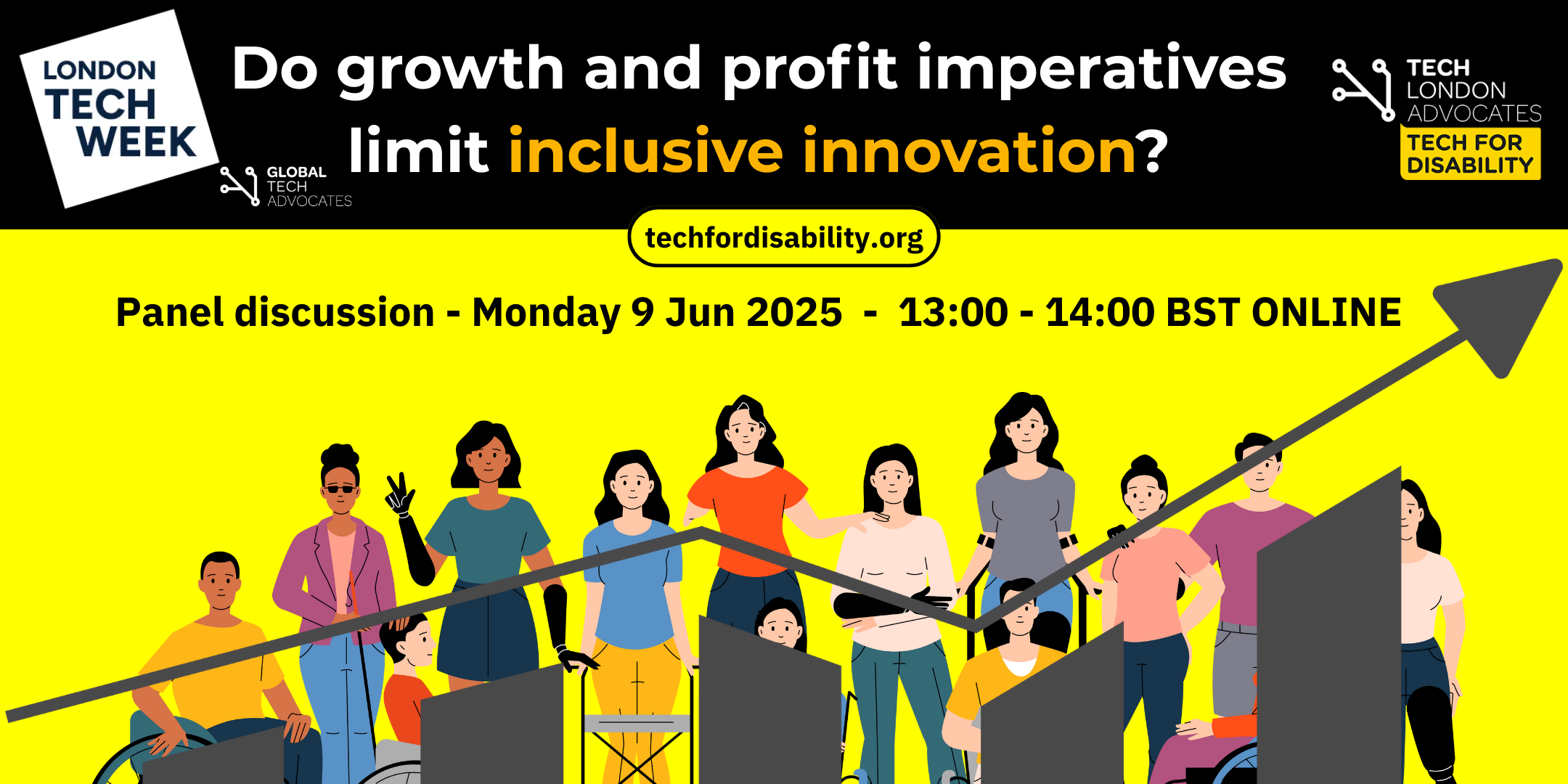Different looking figures of women and a wheelchair user with a line chart on a yellow background with a black background above for the title of the event on 9th June