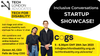Photos of man and woman from Cogs AI. Startup showcase is on black circle. Tech For Disability logo on white.