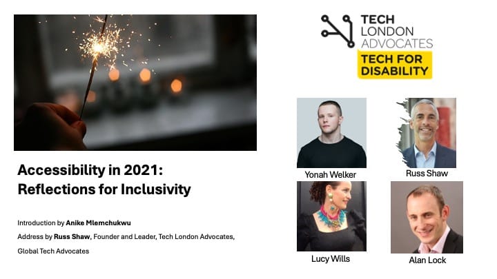 Image of a sparkler with photos of 4 panel speakers.