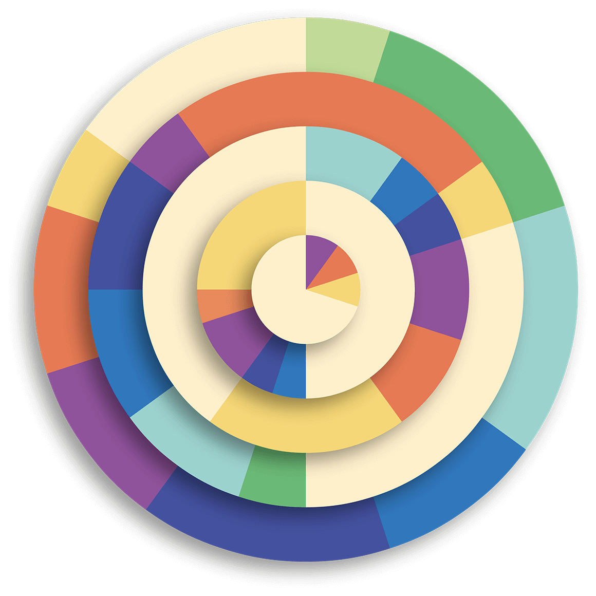 Circles of colour blocks inside other circles of coloured blocks.