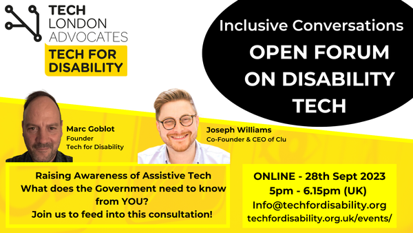 Two mens' photos on a yellow background advertising an Inclusive Conversations event.