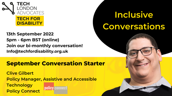 Smiling photo of a man on yellow background and tech for disability logo promoting event.