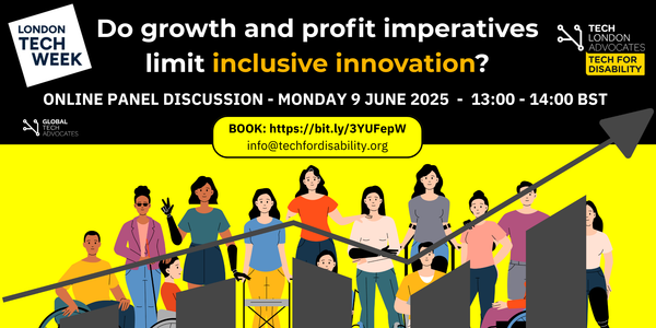 Different looking figures of women and a wheelchair user with a line chart on a yellow background with a black background above for the title of the event on 9th June