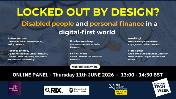 Event poster image with yellow title for Locked Out By Design on a grey background and logos for the partners