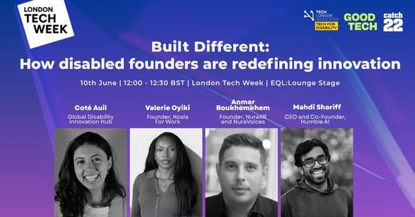 Event poster for built different about disabled founders. Logos for 3 organisations and four photos of speakers.
