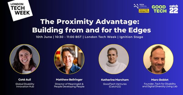 Event poster for London Tech Week event for the Proximity Advantage with four photos for speakers and moderator.