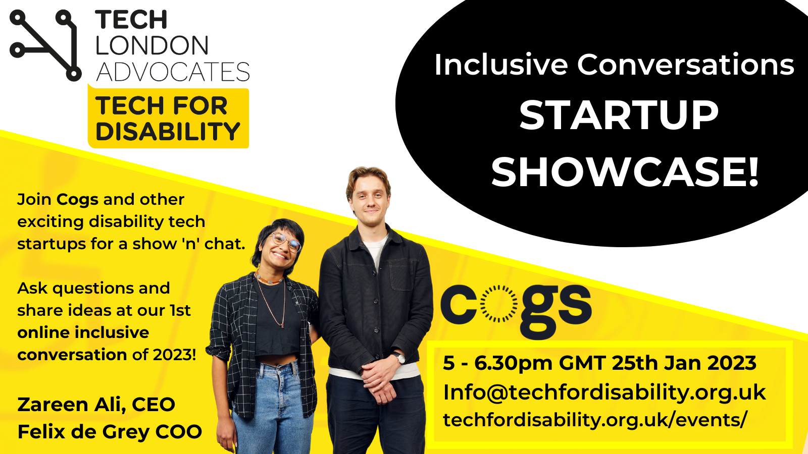 Photos of man and woman from Cogs AI. Startup showcase is on black circle. Tech For Disability logo on white.