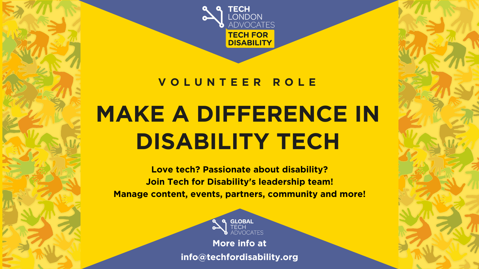 Hands in autumn colours as a background to a square in yellow and blue saying Make a difference in disability tech 
